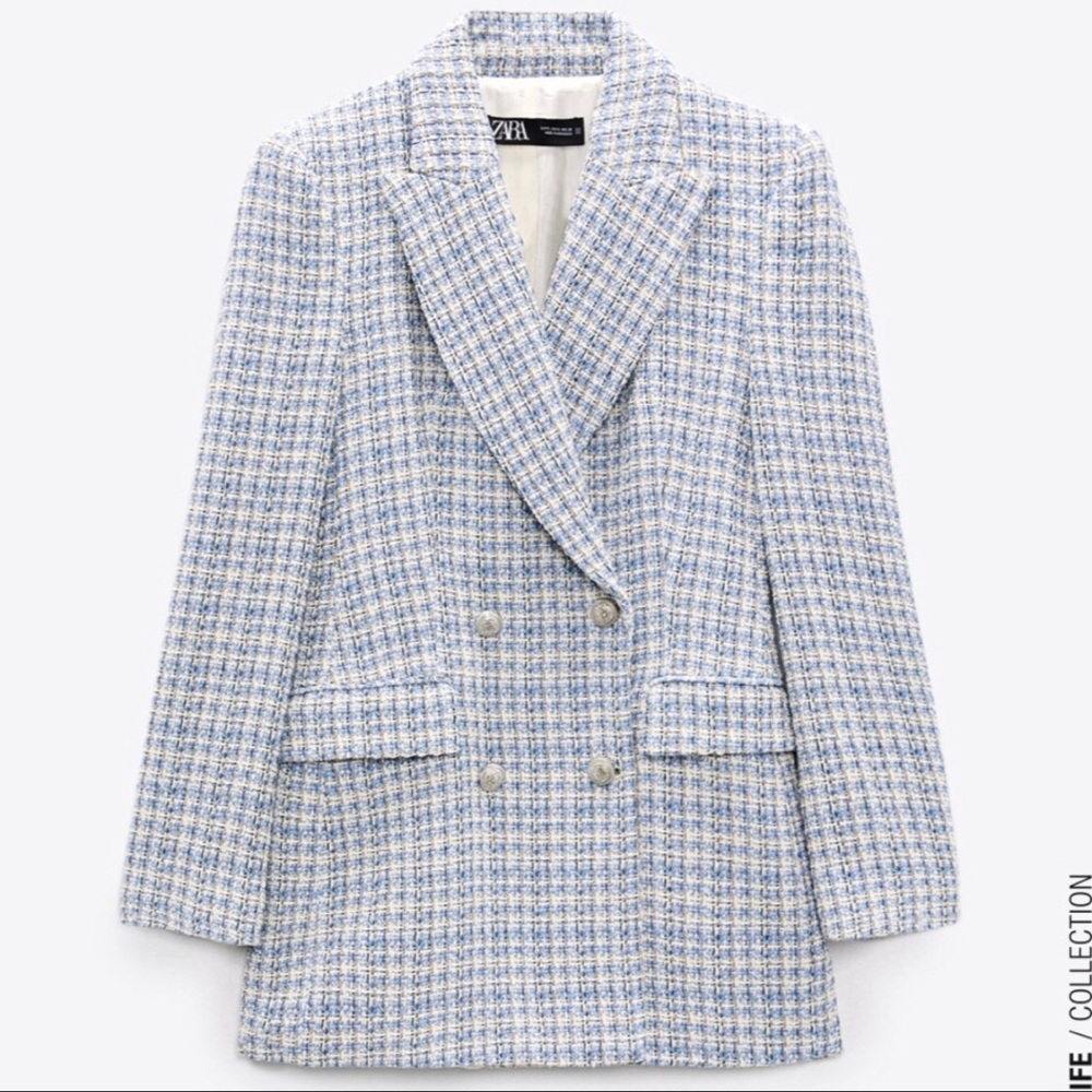 zara textured double breasted blazer light blue large